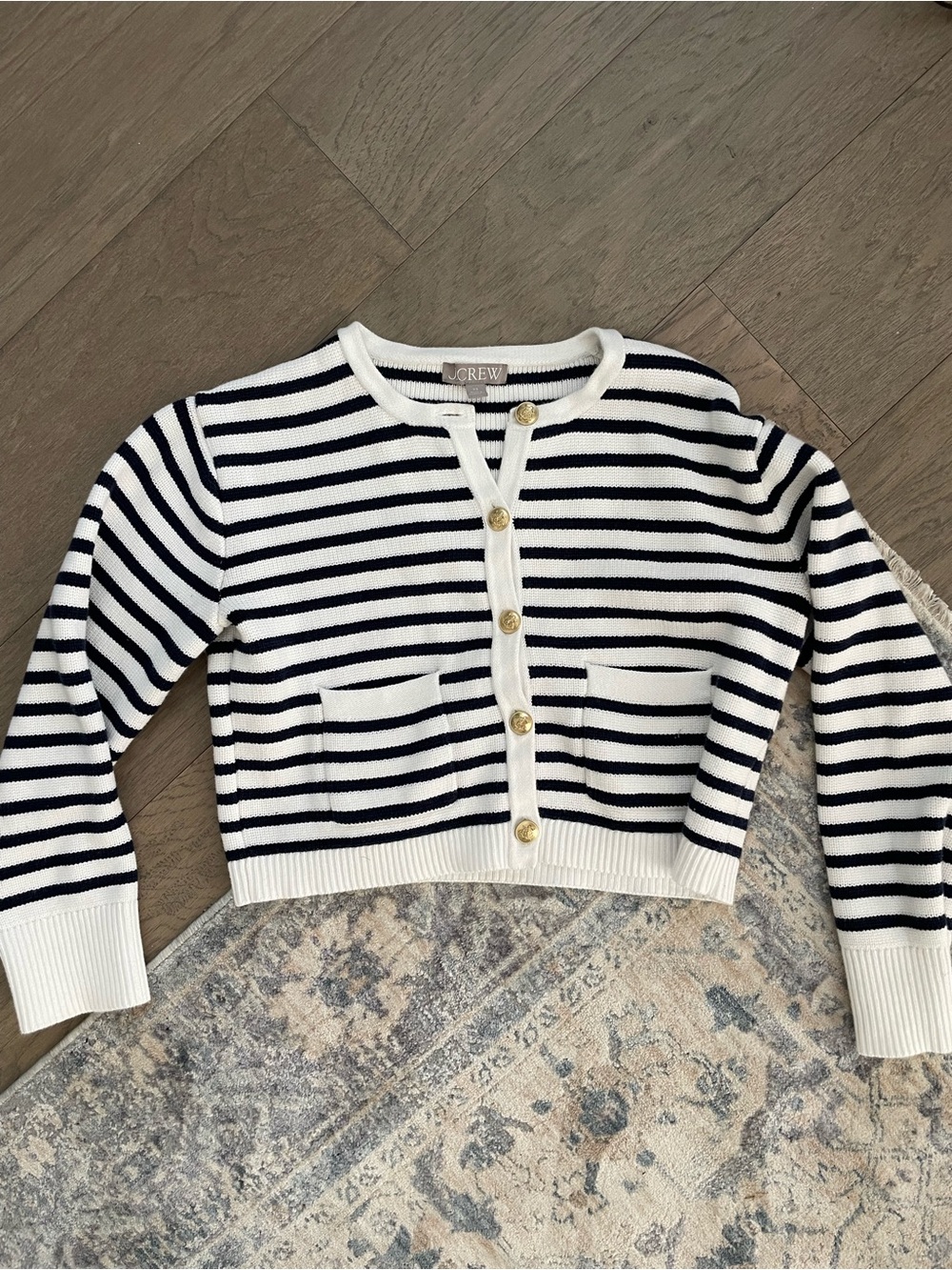 J. Crew Navy & White Striped Cropped Cardigan Sweater Lady Jacket